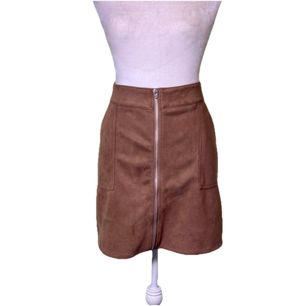 Women's Western Cowgirl Brown Faux Suede Mini Skirt Zip Front Pockets Size 14